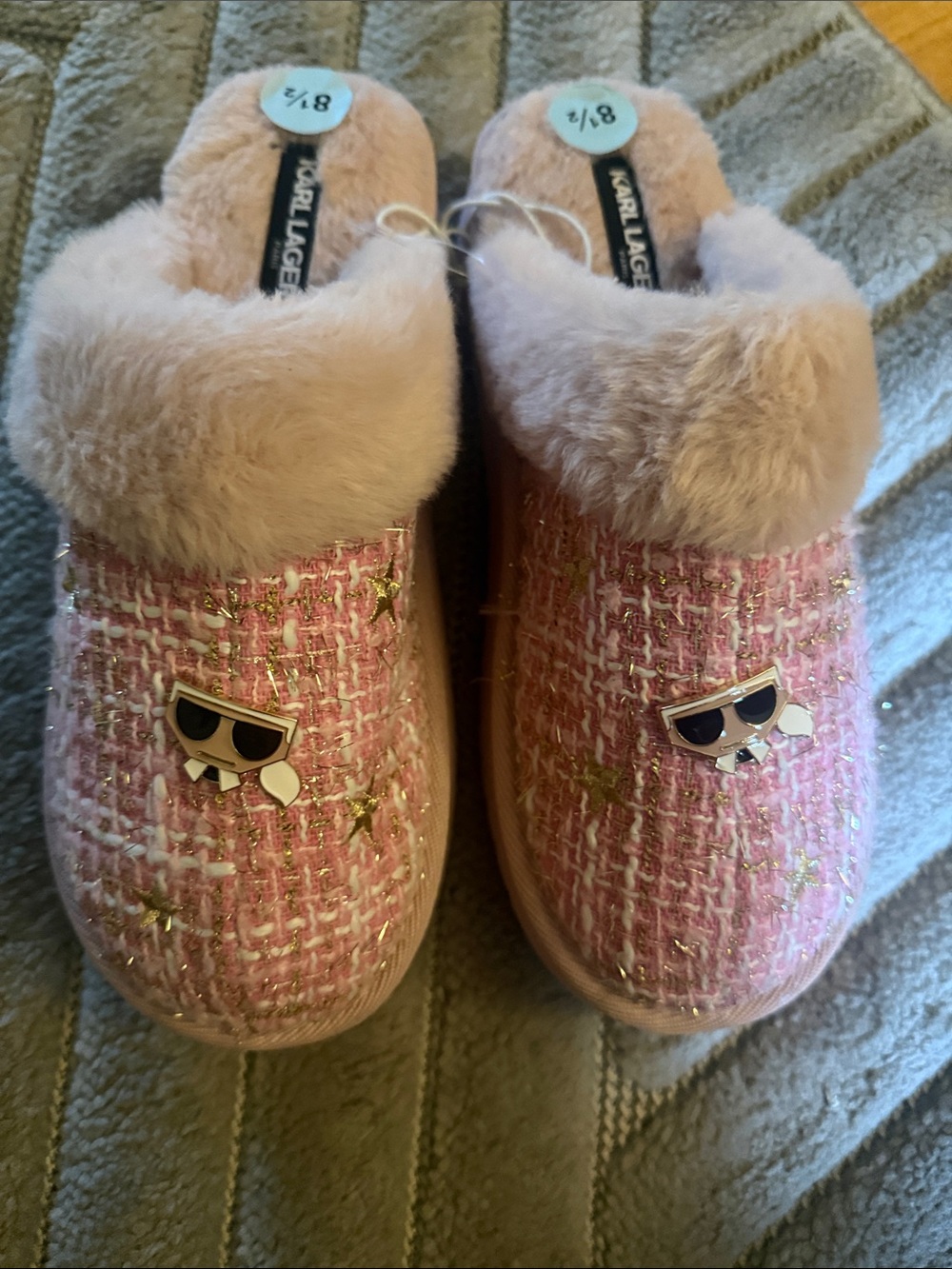 New Karl Lagerfeld Pink Tweed Faux-Fur Slip-On Slippers with Logo Charms # 8.5